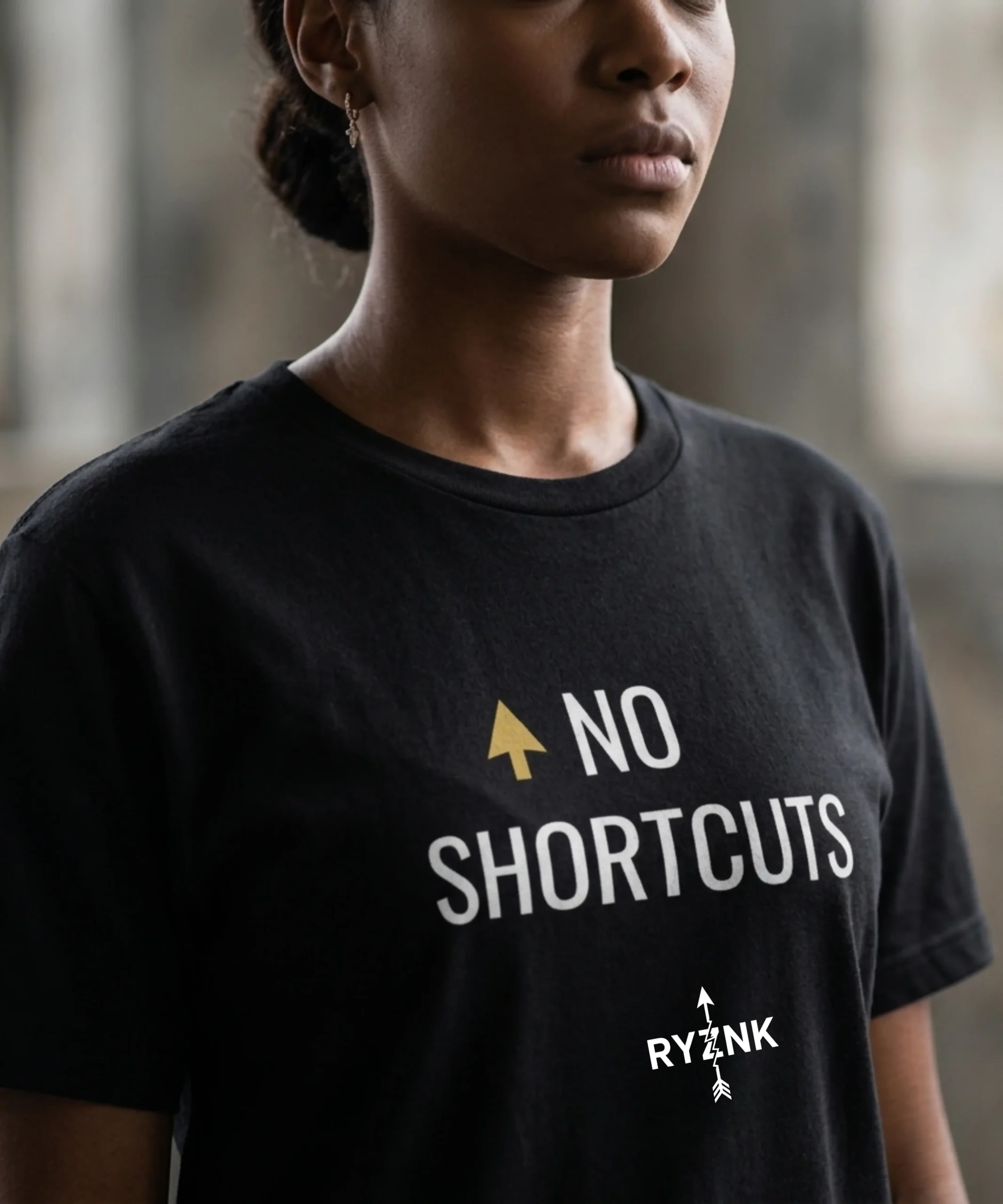 RYZNK No Shortcuts T-Shirt — Woman Chest Close Up — Editorial Streetwear