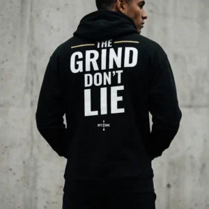 RYZNK The Grind Don't Lie Hoodie — Man Back View — Editorial Streetwear Photography