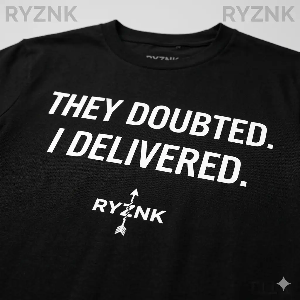 RYZNK They Doubted I Delivered T-Shirt — Close Up Print Detail — Black Streetwear Tee
