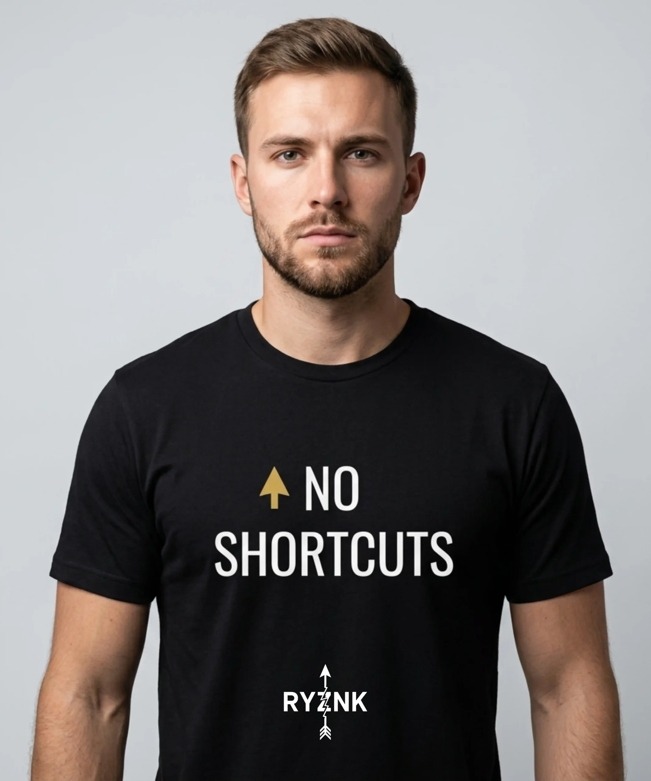 RYZNK No Shortcuts T-Shirt — Man Studio Portrait — Motivational Streetwear