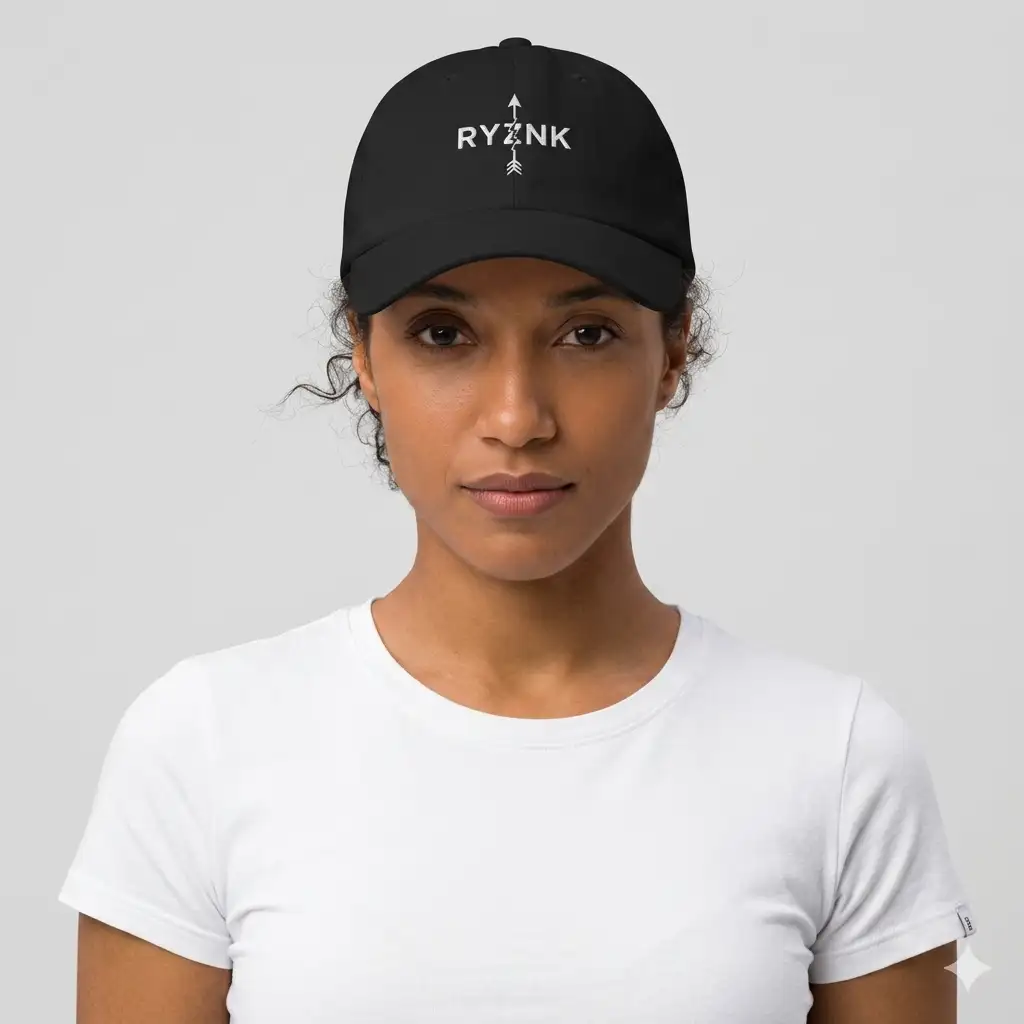 RYZNK Classic Dad Hat Black — Woman Studio Portrait — Unisex Streetwear Cap