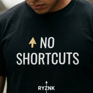 RYZNK No Shortcuts T-Shirt — Chest Close Up — Gold Arrow Streetwear Tee