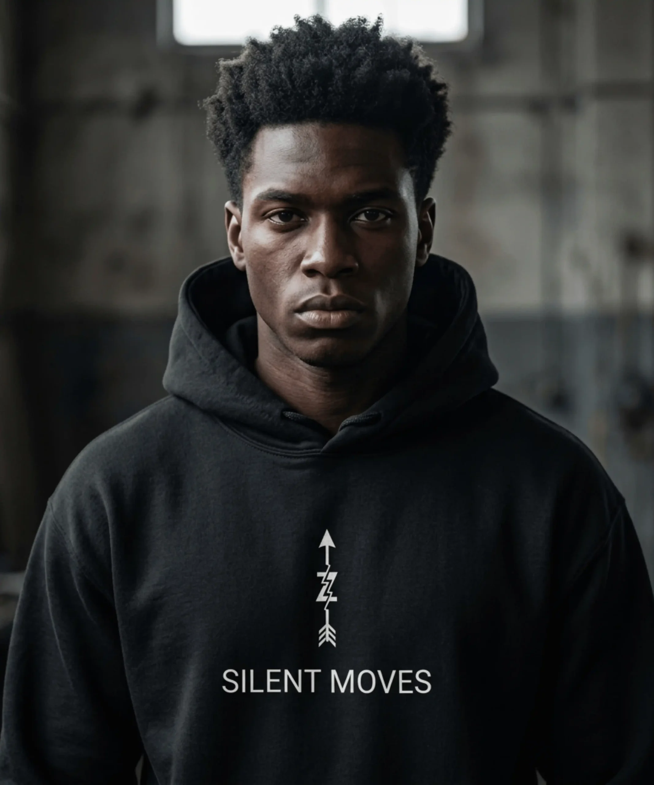 RYZNK Silent Moves Hoodie — Man Editorial Industrial — Premium Streetwear