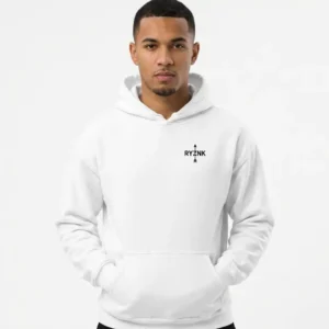 RYZNK Built While They Slept white unisex hoodie front view black chest logo male model studio