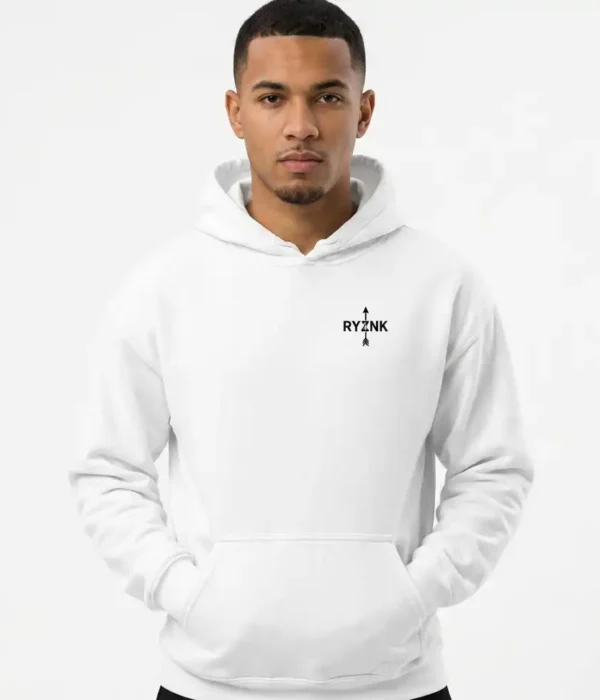 RYZNK Built While They Slept white unisex hoodie front view black chest logo male model studio